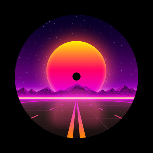 Infinity Road Synthwave Sunset Custom Gloss UV Finish Self-Adhesive Paper Labels for 10" & 12" Records & DVS Timecode Control Vinyl - centerlabels_uk